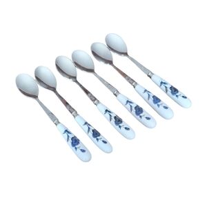 Vtg Blue Floral Ceramic Handle Dessert Spoons - Set of 6 - Stainless 18/10